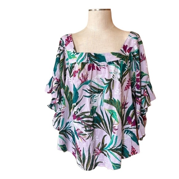 NWT Terra & Sky 2X Hawaiian Print Ruffle Sleeve Bloyse Square Neck - Picture 2 of 9